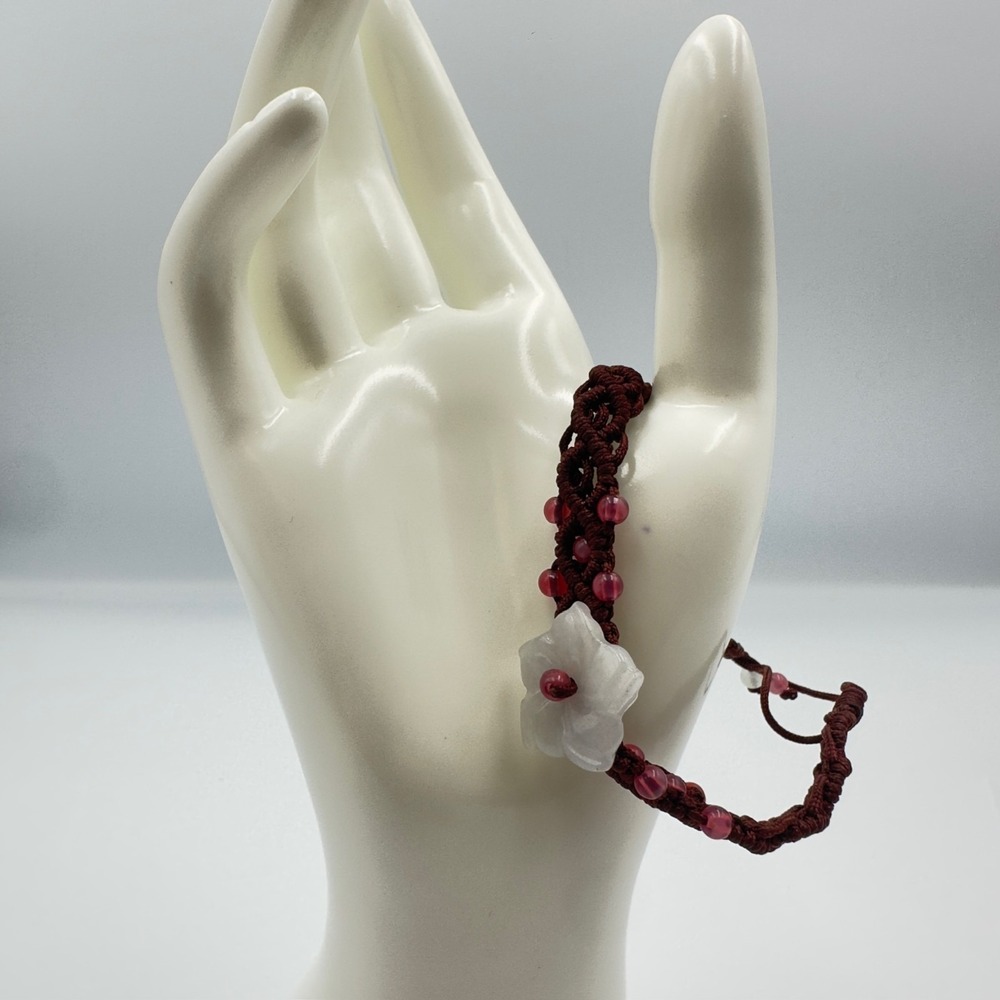 Red Macramé Beaded Bracelet w/ White Flower Charm Boho Artisan